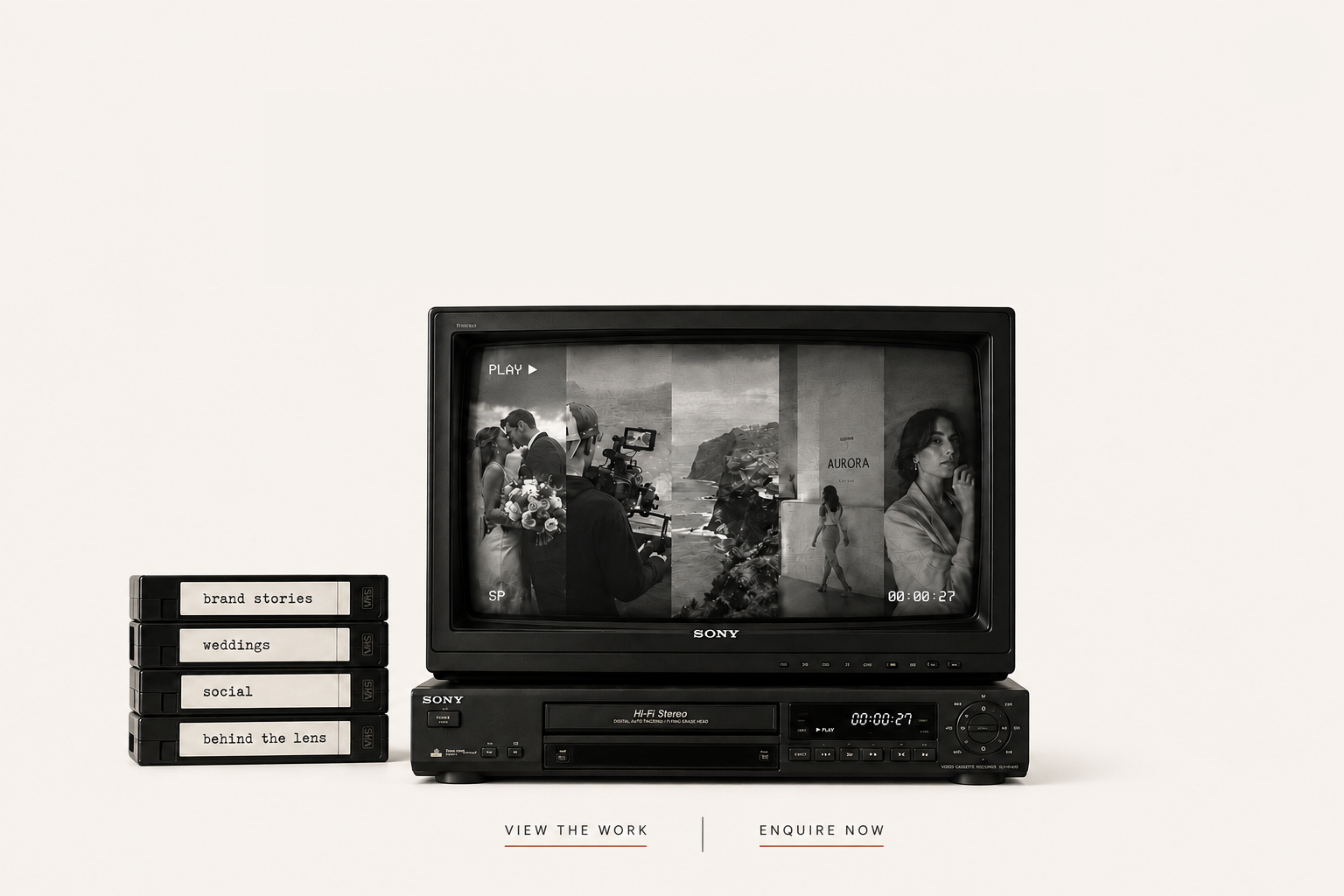 Telling your story. Through film, photography & content. A vintage TV and VHS tapes labelled brand stories, weddings, social, and behind the lens.