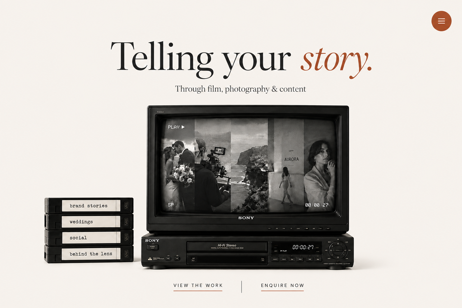 Telling your story. Through film, photography & content. A vintage TV and VHS tapes labelled brand stories, weddings, social, and behind the lens.